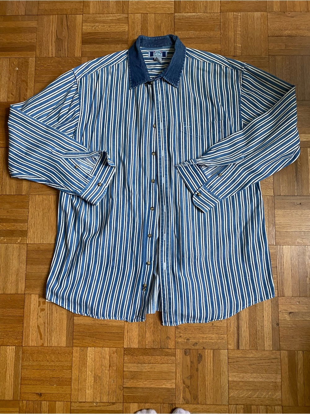 Vintage 90s Sutter & Grant Block Stripe Contrasting Denim Collar Button Up XLT